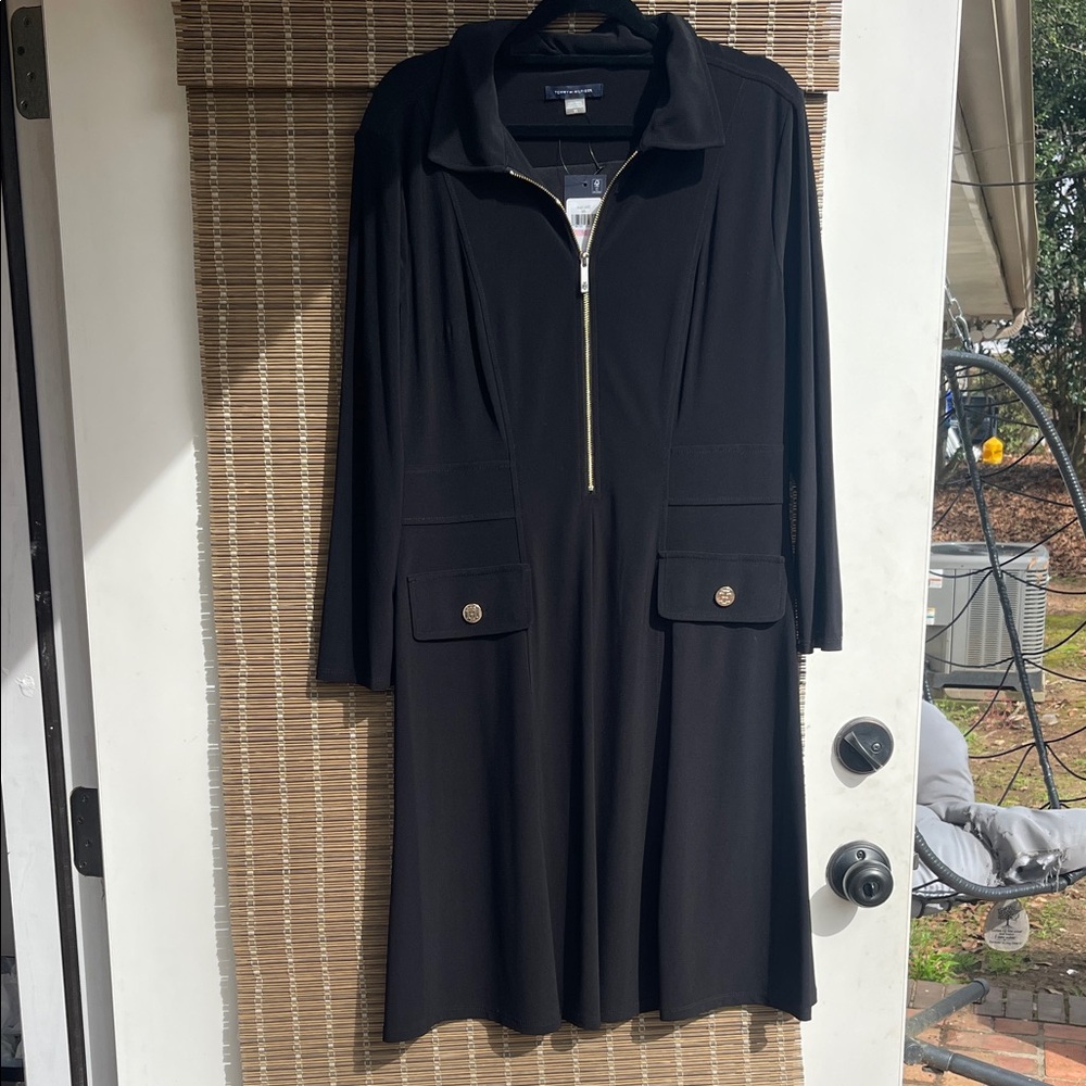 Tommy Hilfiger Black Midi Dress with Gold Zip and Flap Pockets